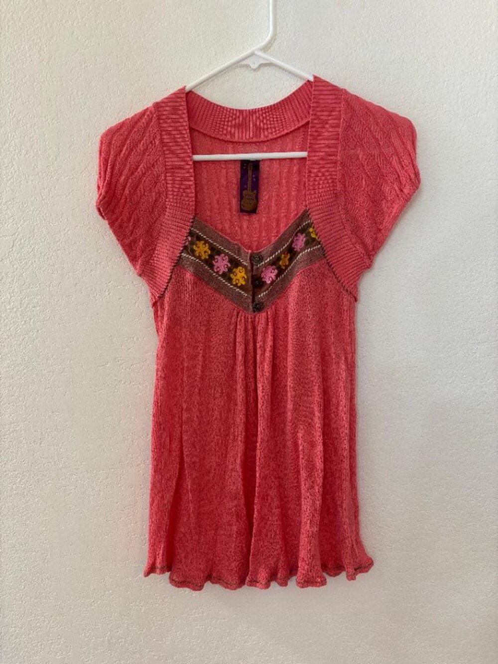 Free People Peach Cotton Rayon Knit Short Sleeve Embroidered Blouse S